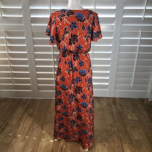 Crescent Surplice Mock Wrap Maxi Dress Small Flutter Sleeve Coral Floral Print - Picture 4 of 12